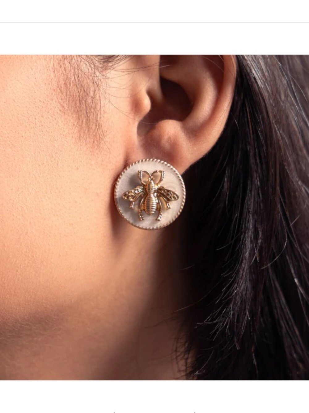 NEW Melissandra Honey Bee White and Gold Enamel Disc Stud Earrings